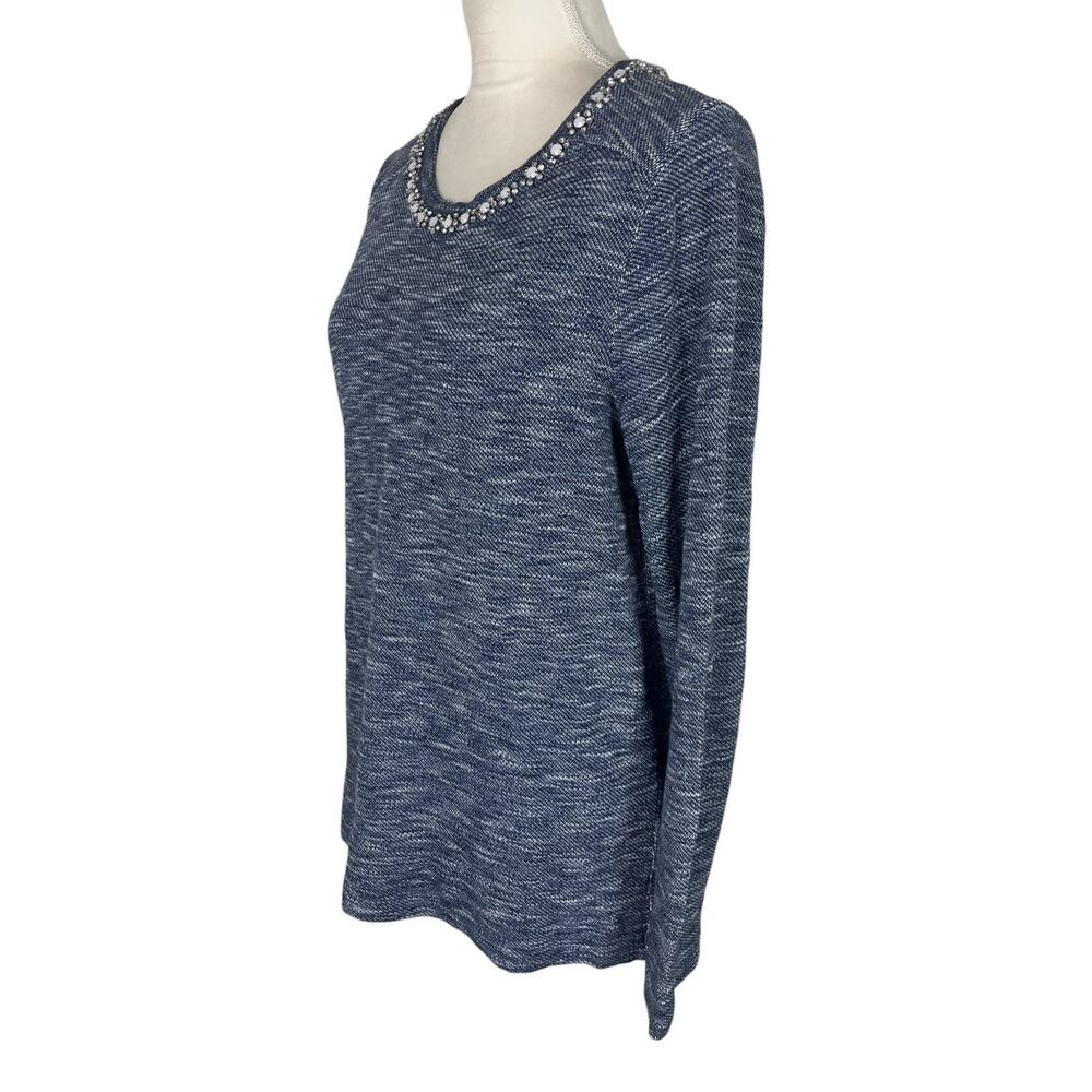 J. Crew Marled Blue Jeweled Rhinestone Neck Knit Pullover Sweater Size Large - Picture 5 of 8
